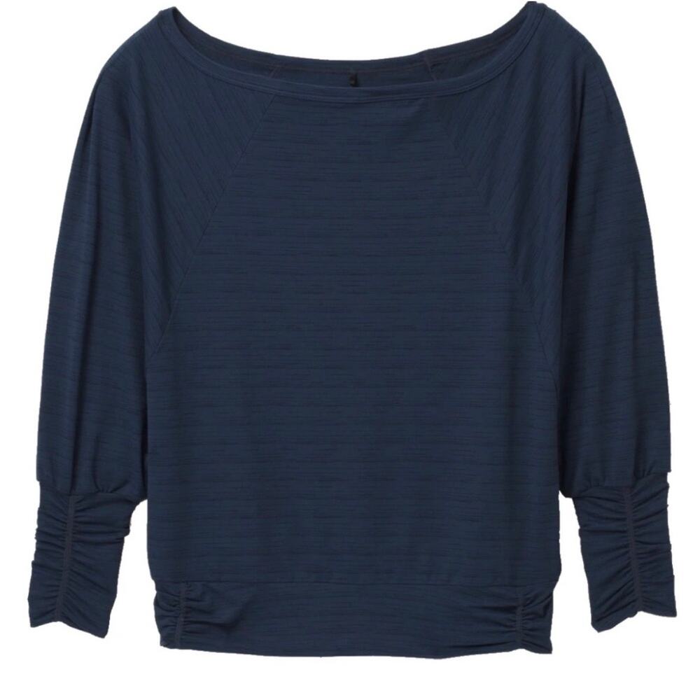 Prana Women’s Ridgeview Top Blue Striped Boatneck Raglan Sleeves Size Large View 2